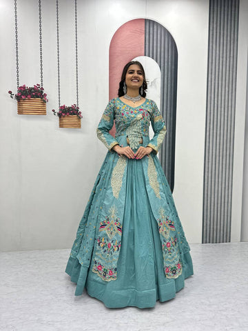 Sky Blue Pure Vichitra Embroidered Crop Top Lehenga Set with Shrug