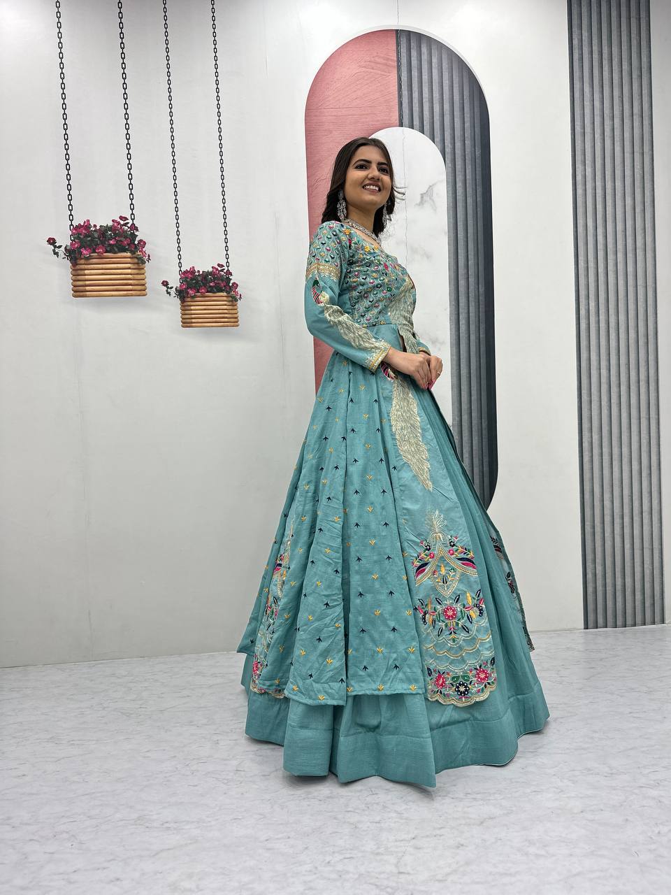 Sky Blue Pure Vichitra Embroidered Crop Top Lehenga Set with Shrug