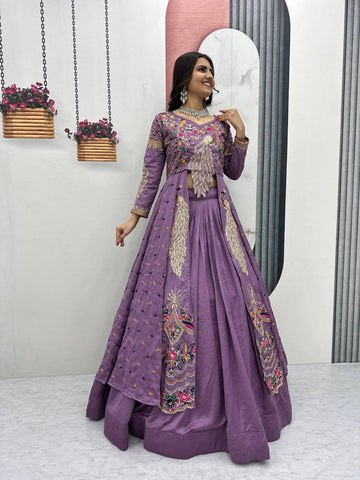 Purple Pure Vichitra Embroidered Crop Top Lehenga Set with Shrug