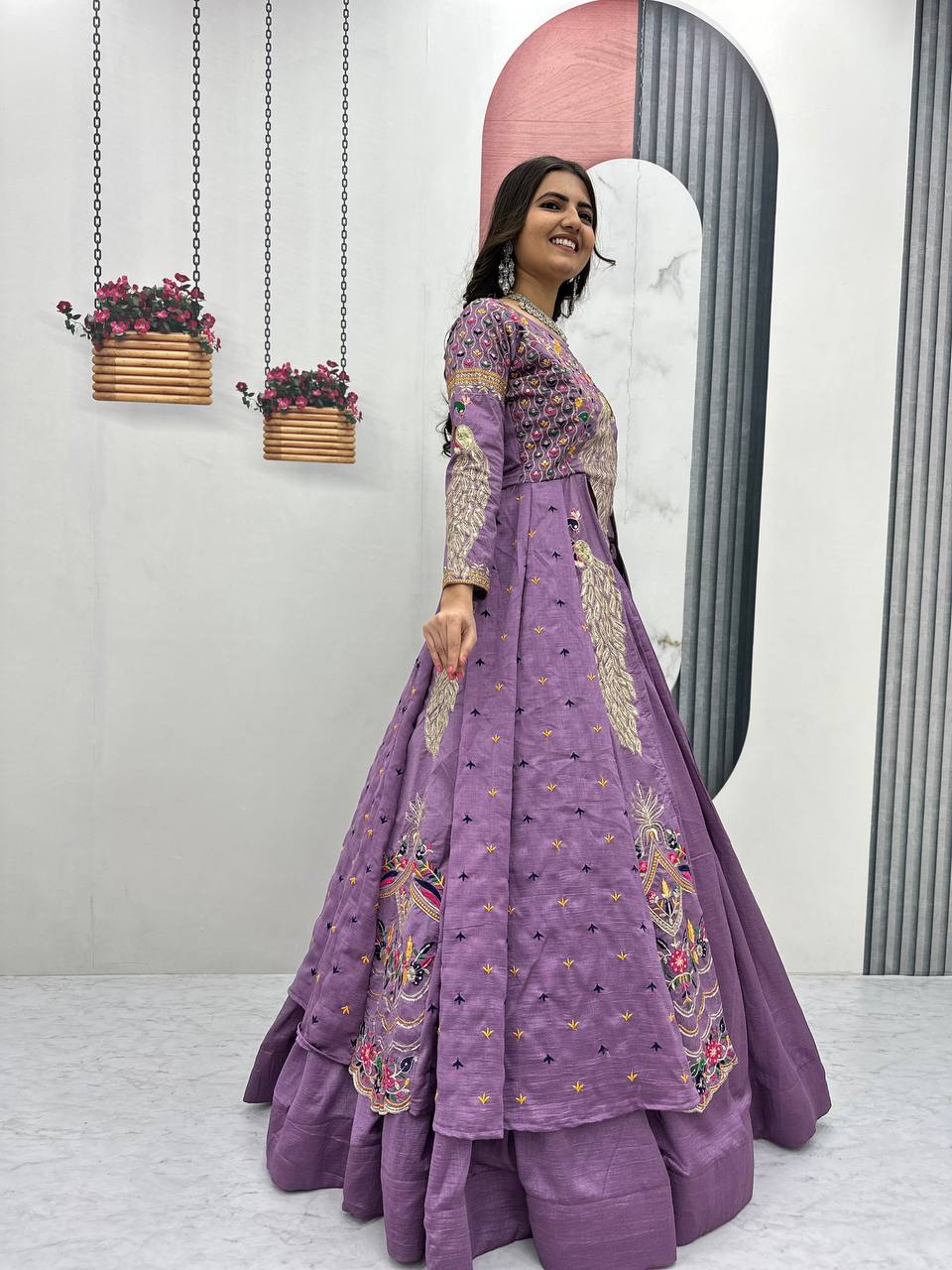 Purple Pure Vichitra Embroidered Crop Top Lehenga Set with Shrug