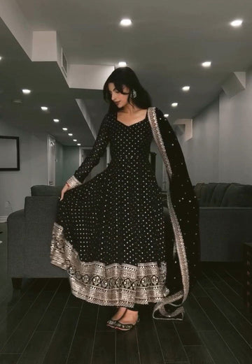 Black Zari Sequin Embroidered Anarkali Suit Set