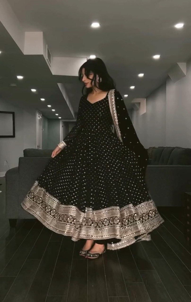 Black Zari Sequin Embroidered Anarkali Suit Set