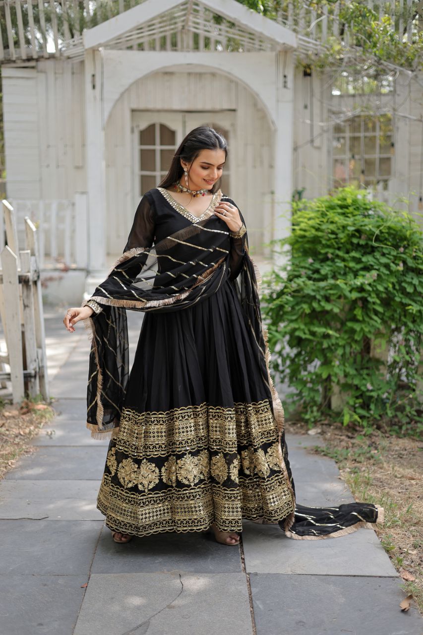 Black Sequin Embroidered Anarkali Gown with Dupatta
