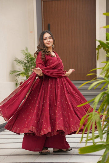 Maroon Cotton Printed Anarkali Palazzo Suit Set