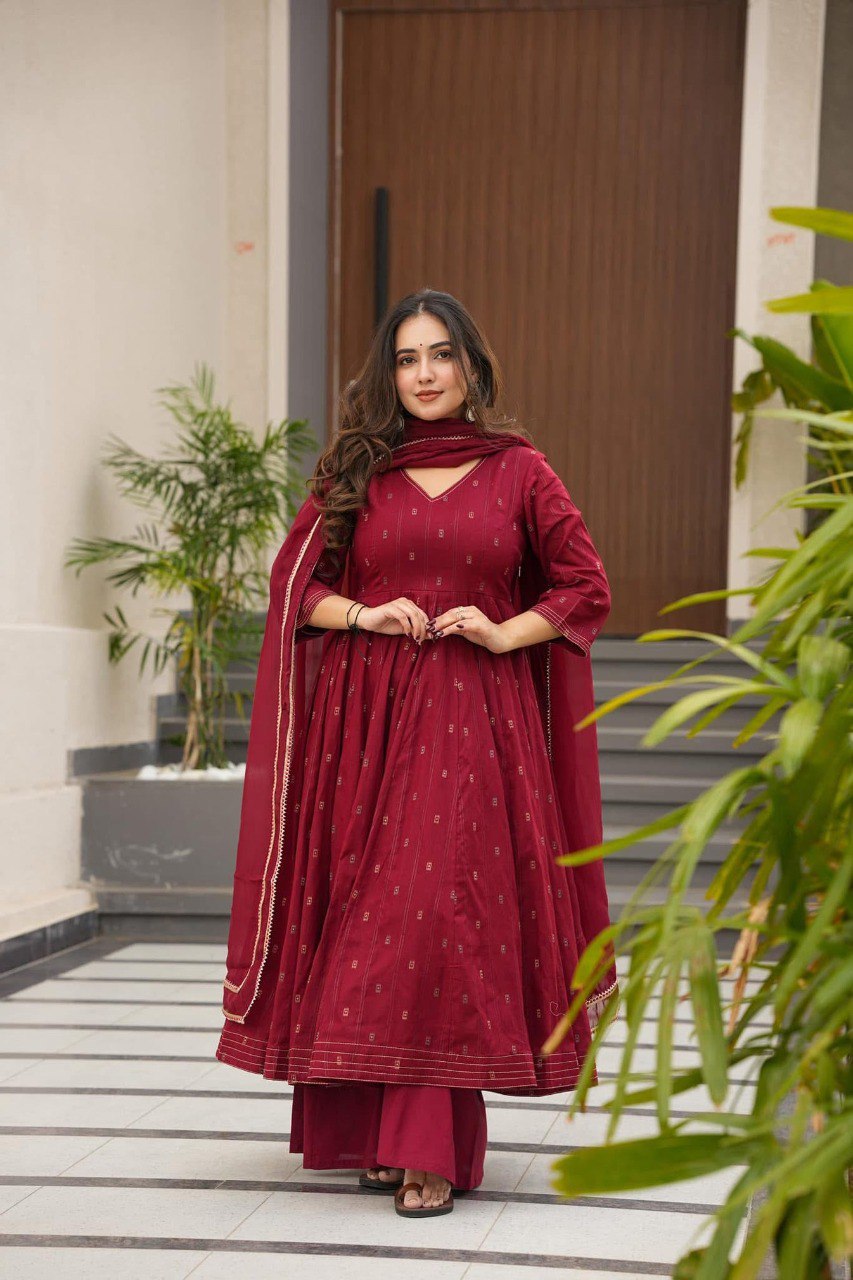 Maroon Cotton Printed Anarkali Palazzo Suit Set