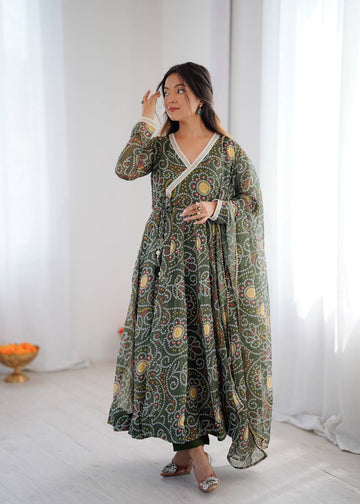 Mehendi Printed Georgette Lace Gown Suit Set