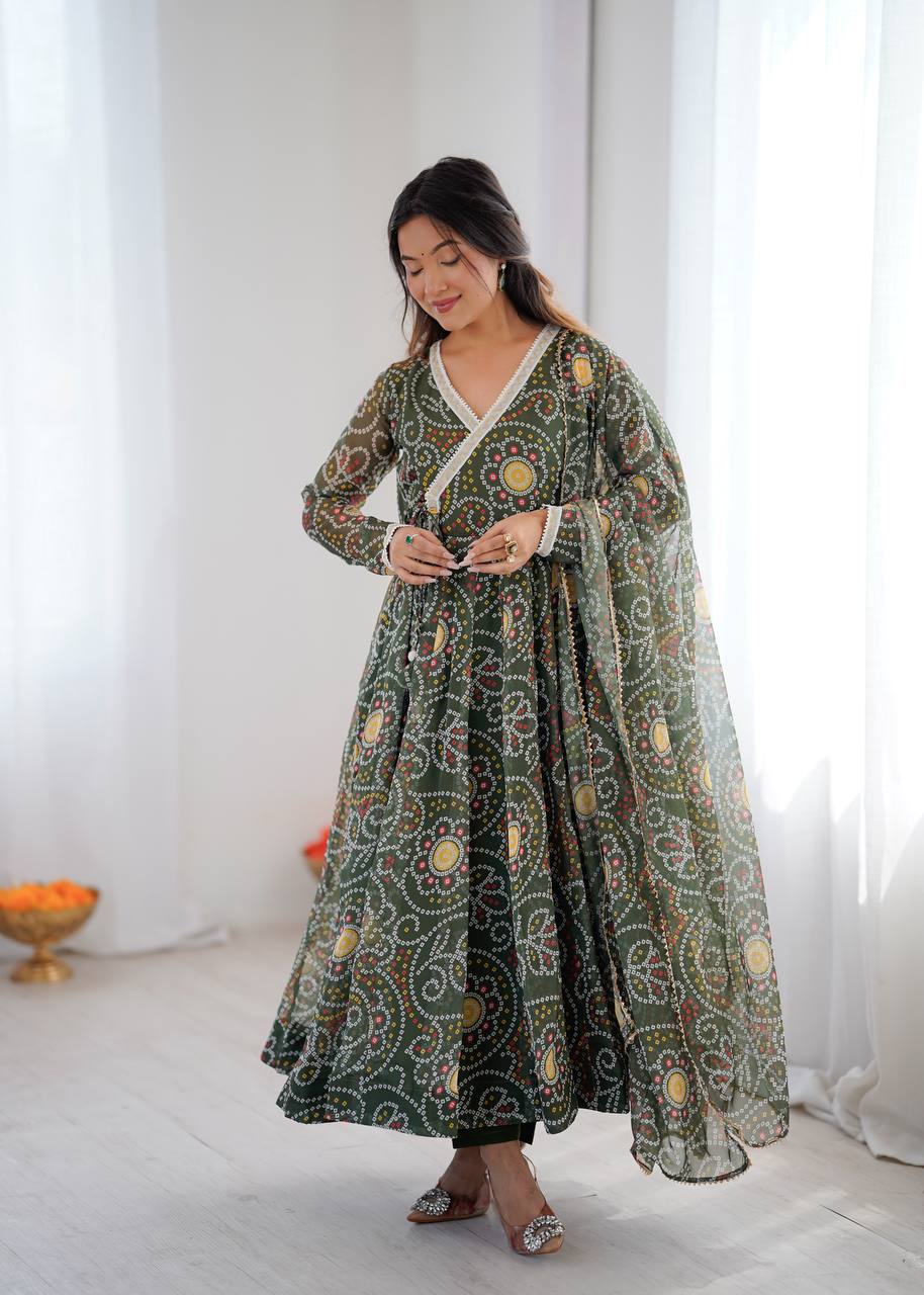 Mehendi Printed Georgette Lace Gown Suit Set
