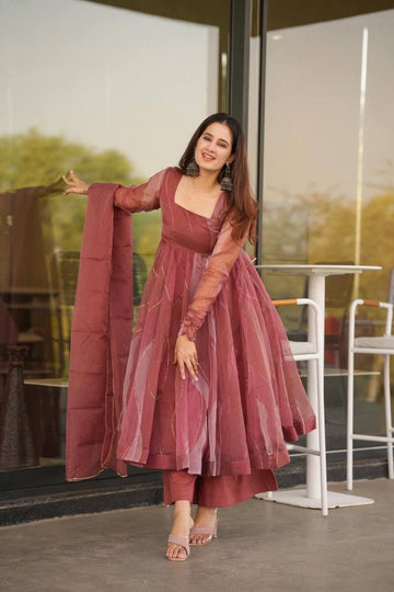 Pink Salmon Organza Anarkali Palazzo Suit Set