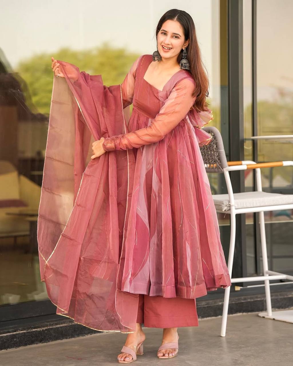 Pink Salmon Organza Anarkali Palazzo Suit Set