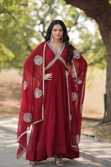 Maroon  Embroidered Faux Blooming Anarkali Gown