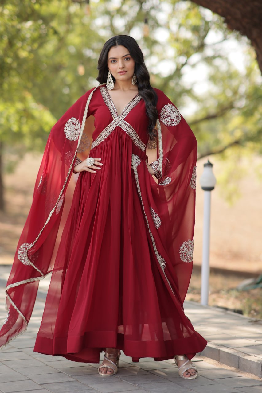 Maroon  Embroidered Faux Blooming Anarkali Gown