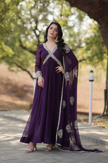 Purple Embroidered Faux Blooming Anarkali Gown