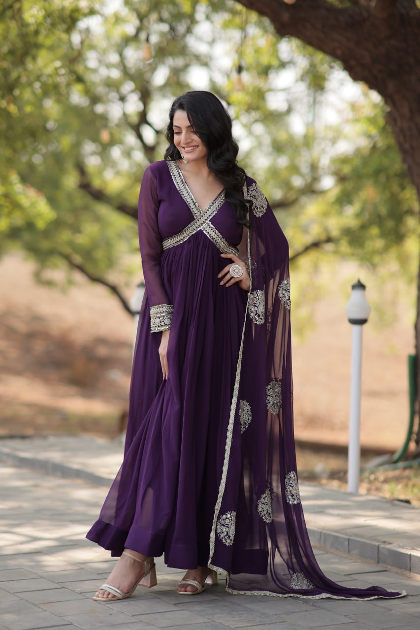 Purple Embroidered Faux Blooming Anarkali Gown