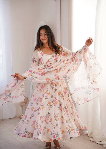 Printed Georgette Lace Work Gown Suit Set