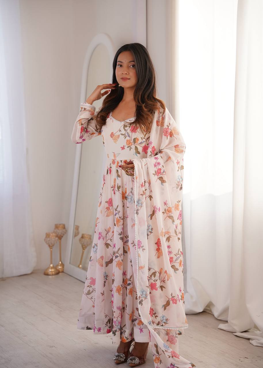 Printed Georgette Lace Work Gown Suit Set