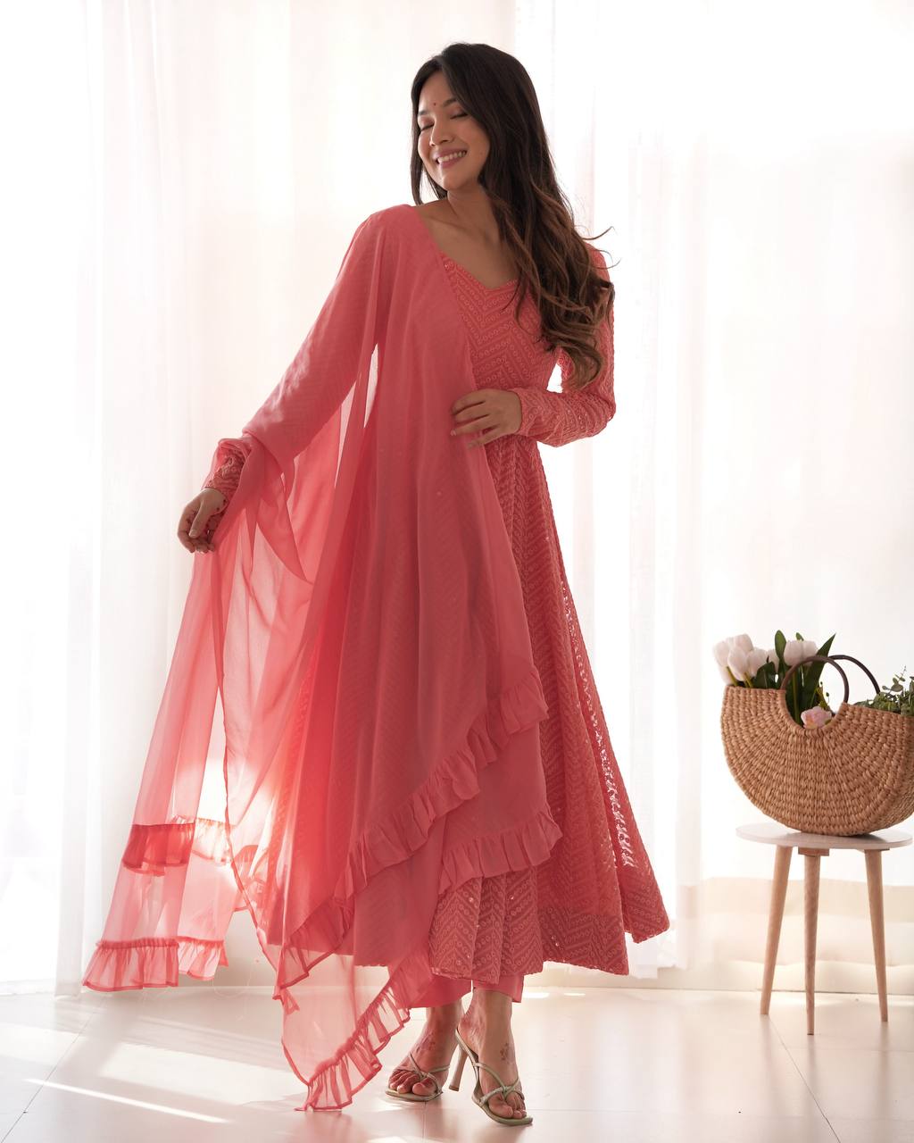 Peach Lucknowi Faux Georgette Anarkali Suit Set with Dupatta