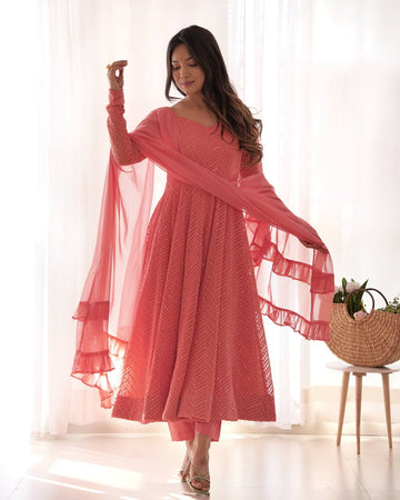 Peach Lucknowi Faux Georgette Anarkali Suit Set with Dupatta