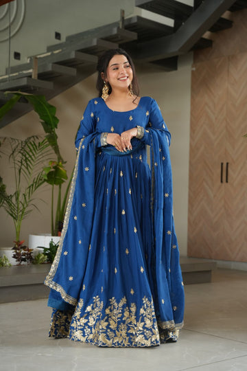 Blue Chinnon Zari Sequin Embroidered Gown with Dupatta
