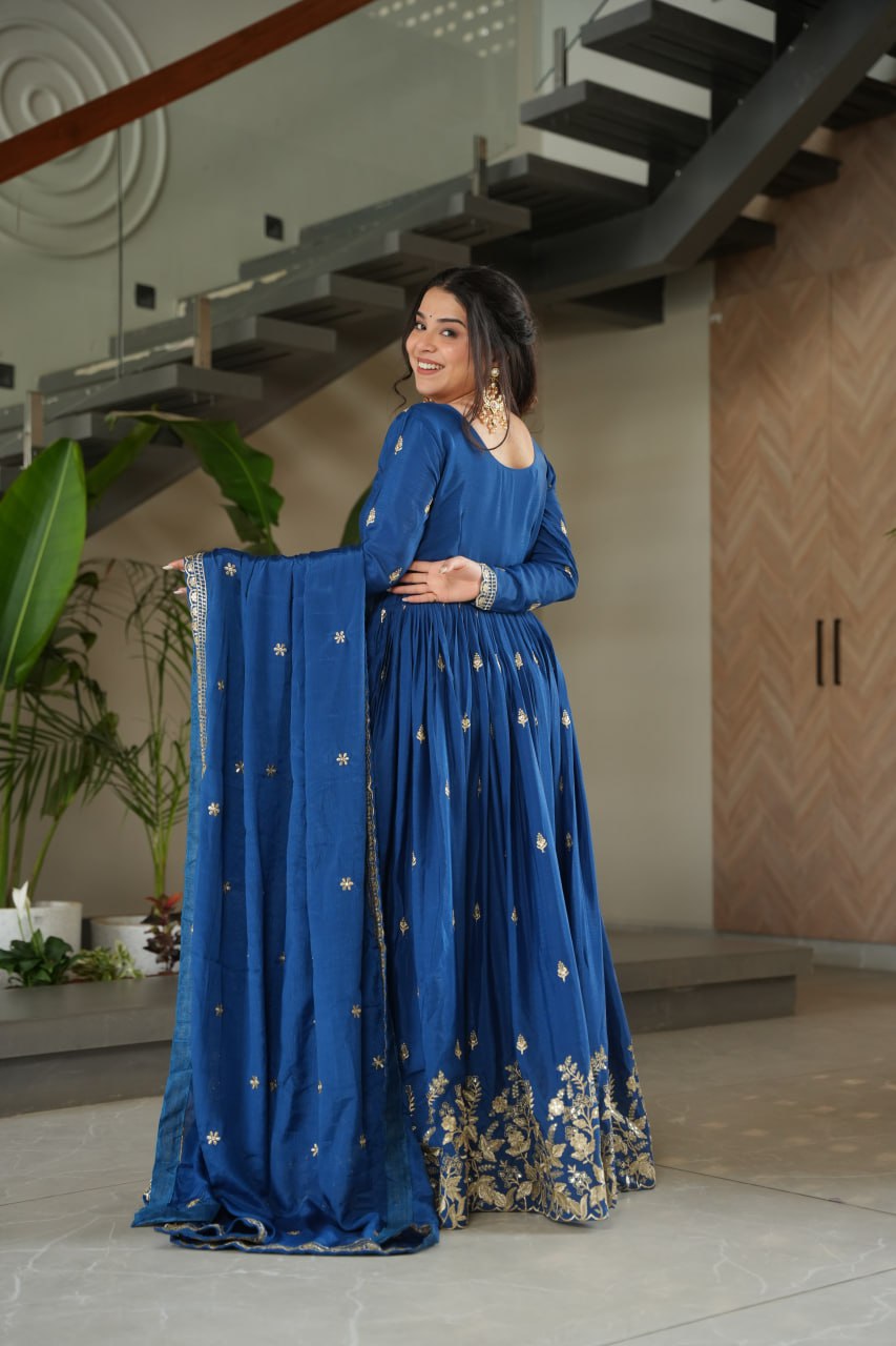 Blue Chinnon Zari Sequin Embroidered Gown with Dupatta