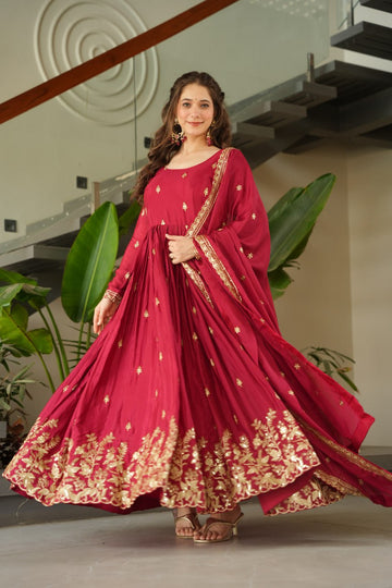 Red Chinnon Zari Sequin Embroidered Gown with Dupatta
