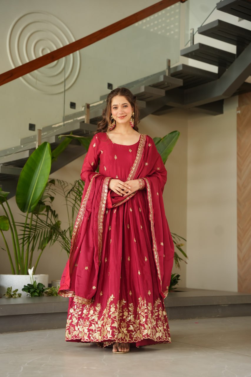Red Chinnon Zari Sequin Embroidered Gown with Dupatta