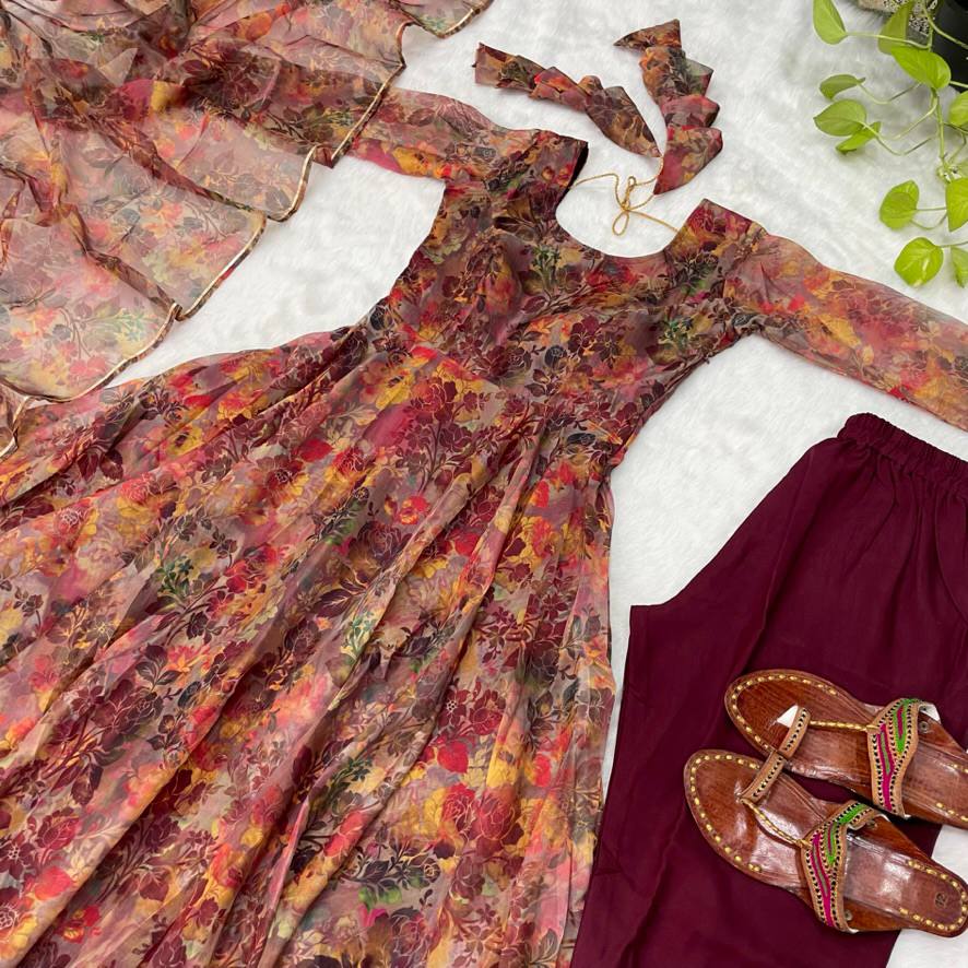 Multicolor Organza Silk Readymade Anarkali Suit