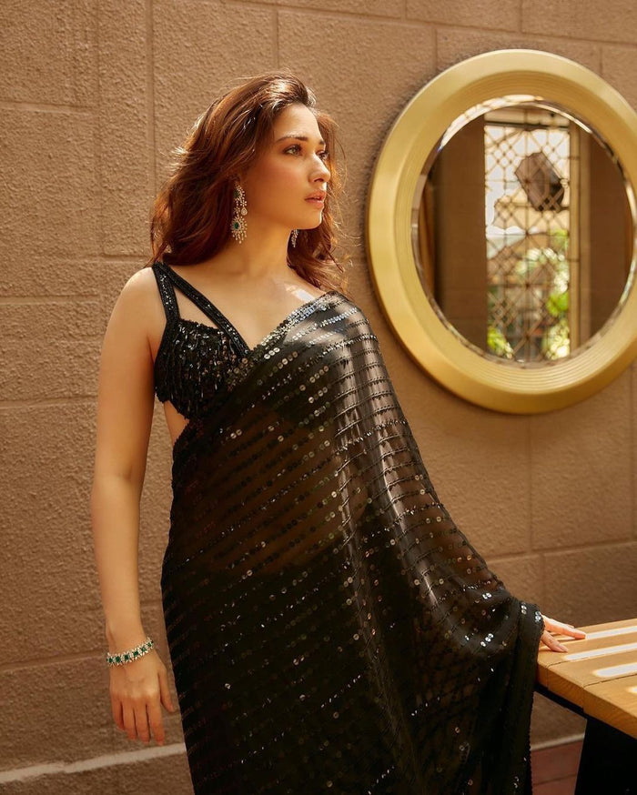 Tamannah Bhatia Beautiful A Black Colour Sequnce Celebrity Saree