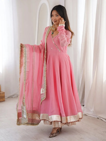 Pink Organza Silk Anarkali Set with Dupatta