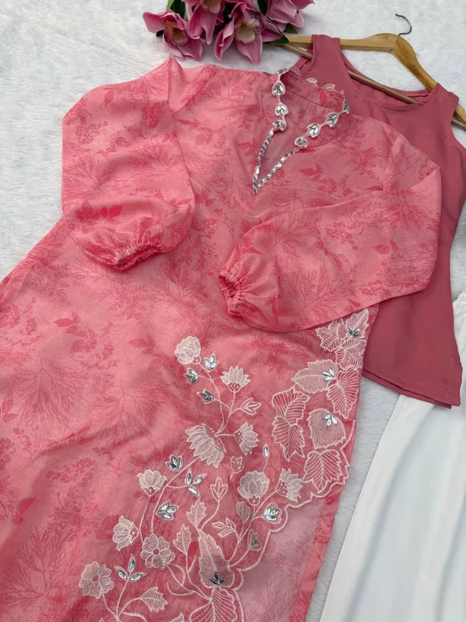 Blush Pink Organza Shrug Kurta Pant Set