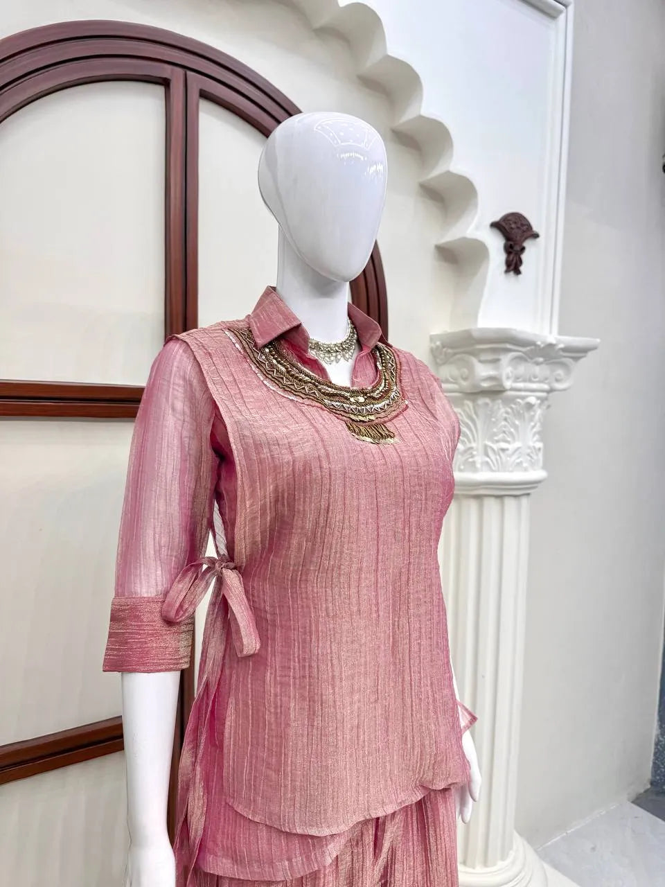 pink handwork kurta set