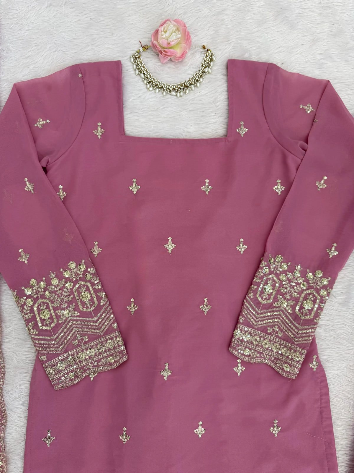 Dusty Rose Georgette Embroidered Kurta Pant Set