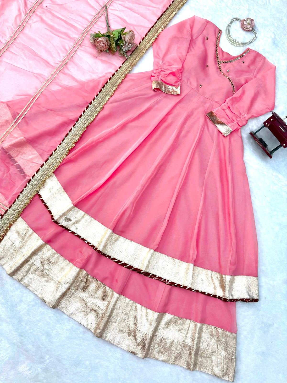 Pink Organza Silk Anarkali Set with Dupatta