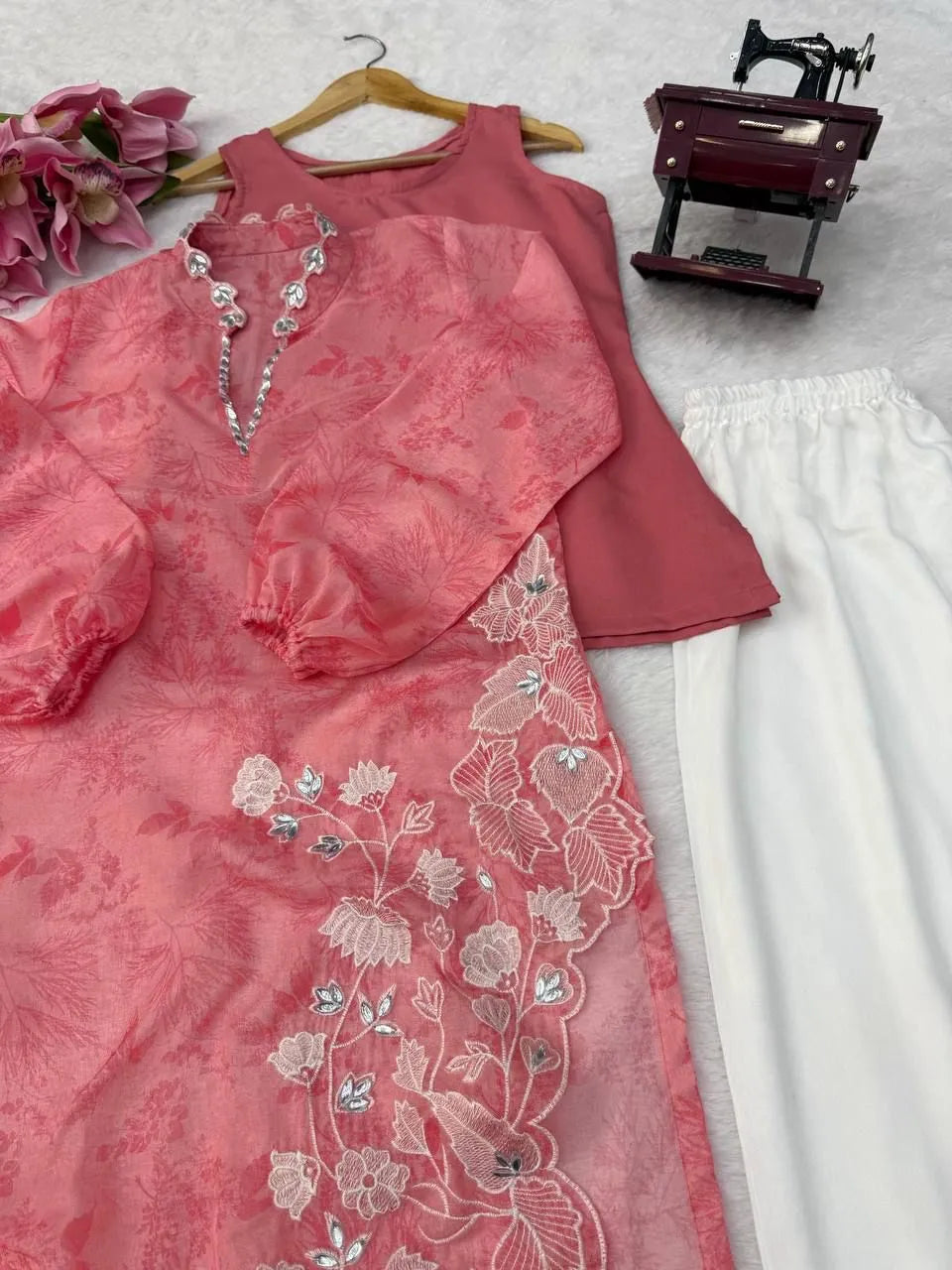 Blush Pink Organza Shrug Kurta Pant Set