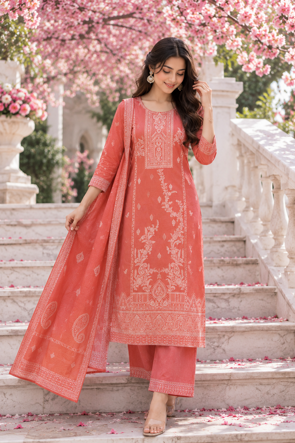 pink printed cotton linen kurta set for women