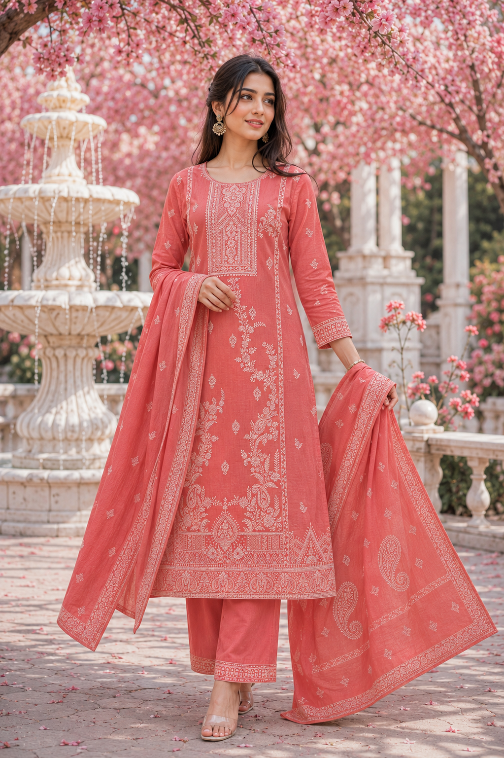 pink printed cotton linen kurta set for women