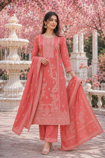 pink printed cotton linen kurta set for women