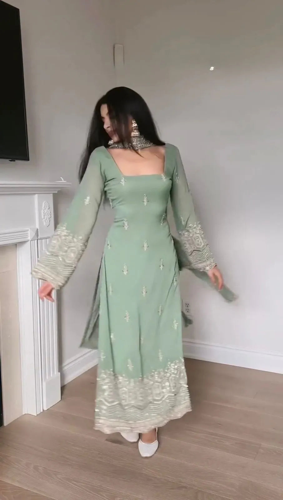 Mint Green Georgette Embroidered Kurta Pant Set