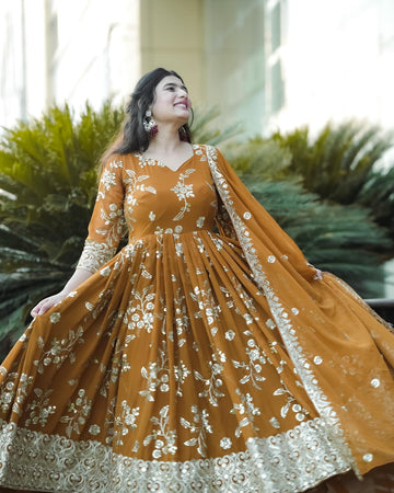 Mustard Yellow Embroidered Faux Georgette Anarkali Suit Set