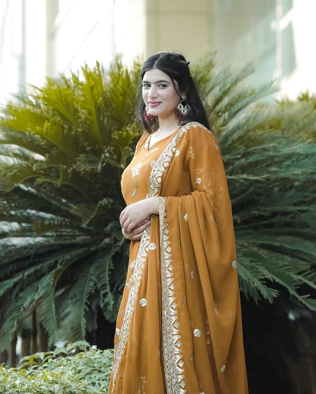 Mustard Yellow Embroidered Faux Georgette Anarkali Suit Set