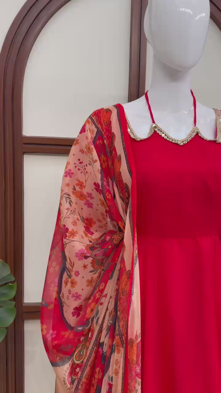 Red Tabby Silk Anarkali Palazzo Set with Printed Dupatta