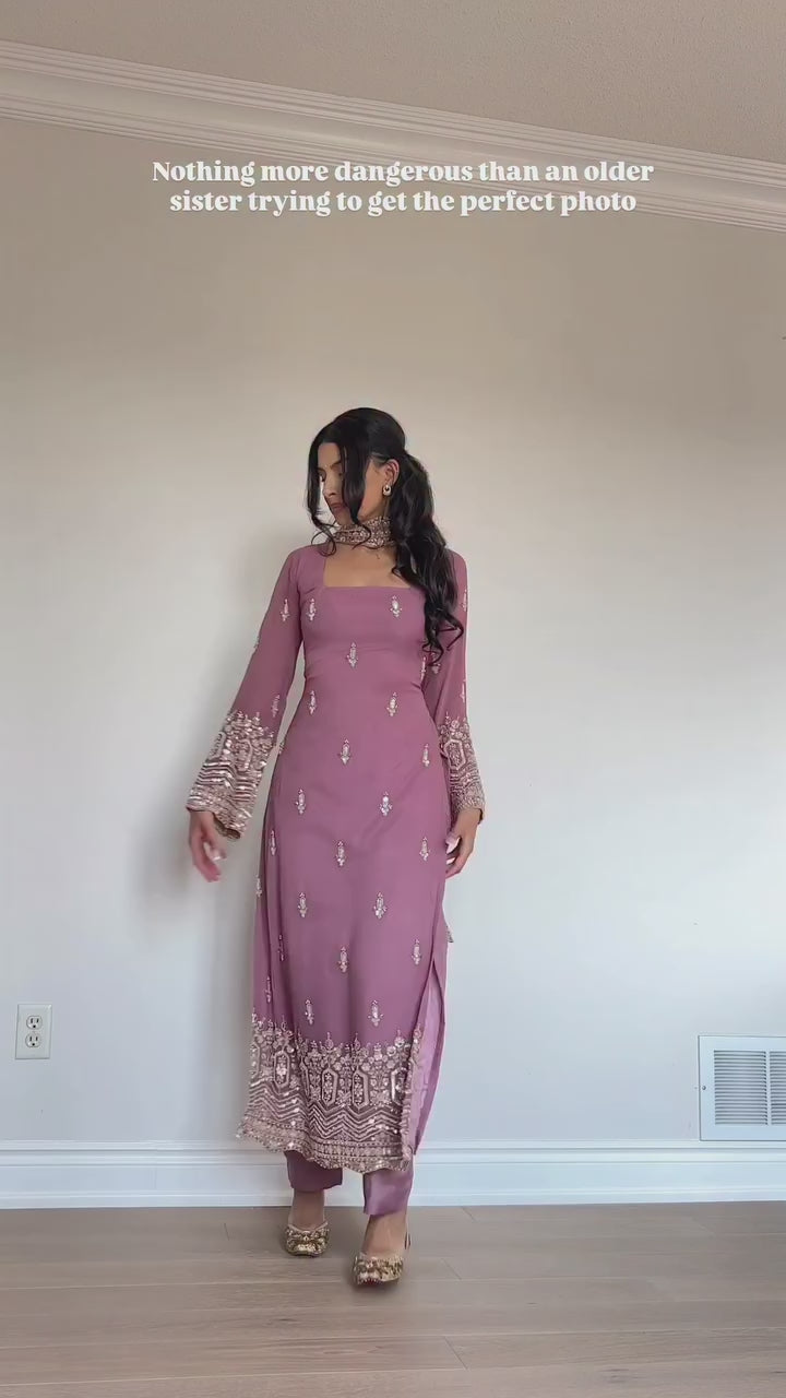 Dusty Rose Georgette Embroidered Kurta Pant Set