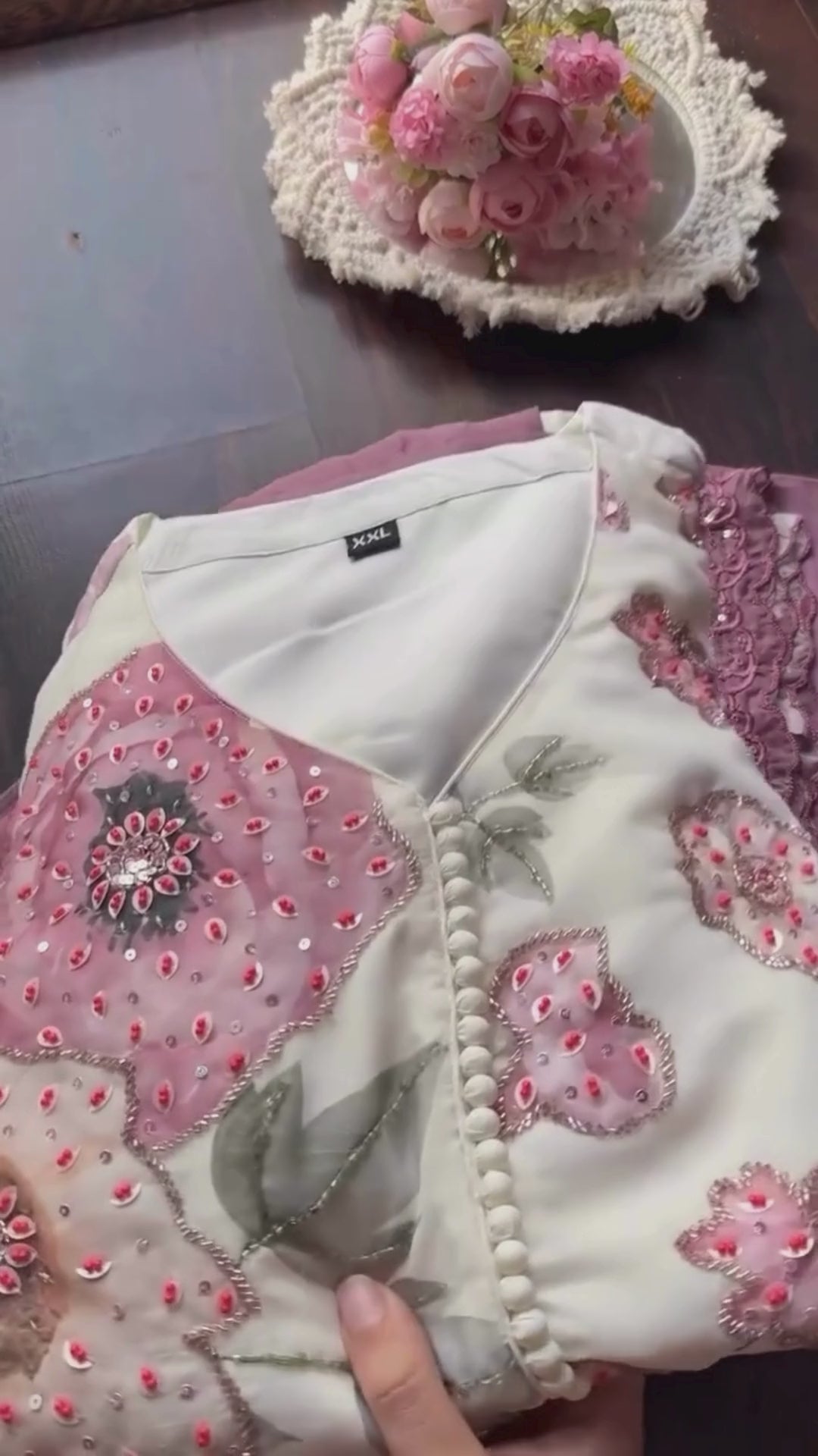 💜✨ Lavender & White Designer Floral Long Gown Set