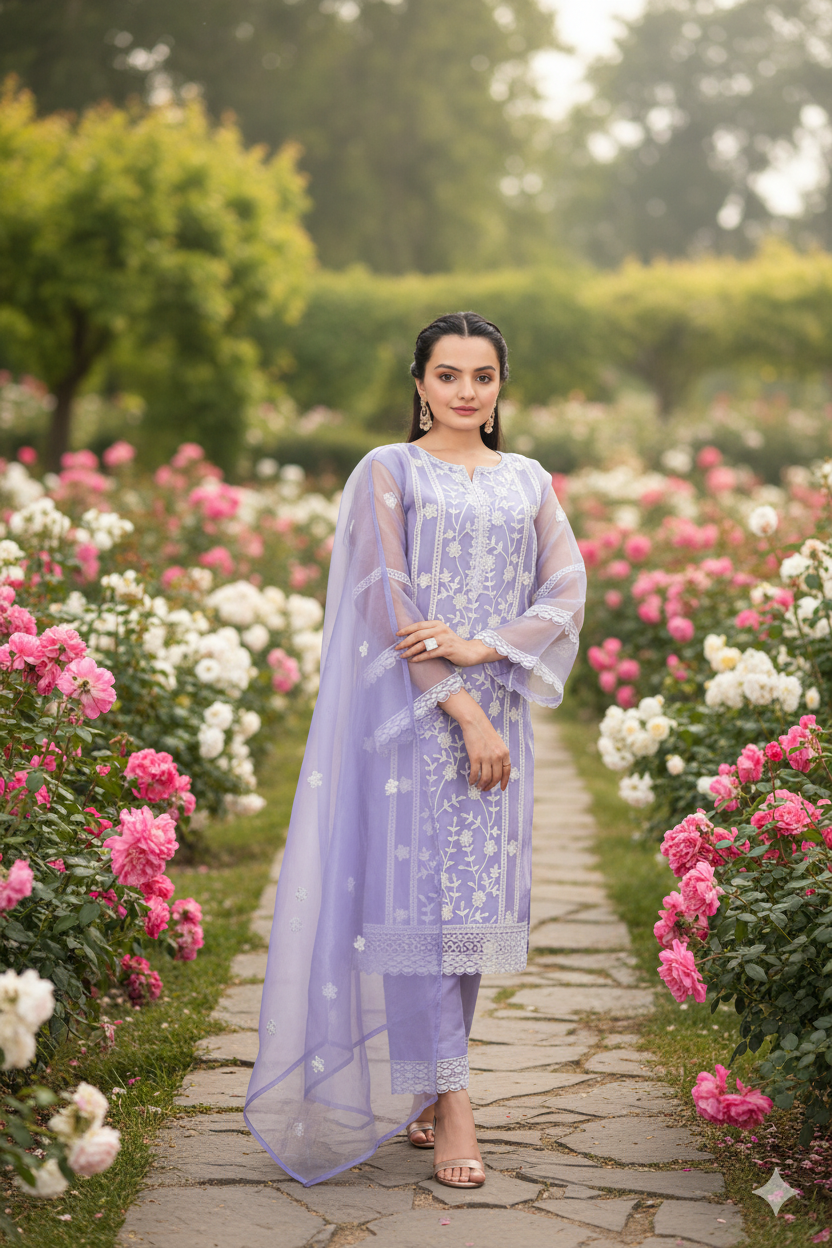 Purple Organza Designer Embroidered Kurti & Dupatta Set