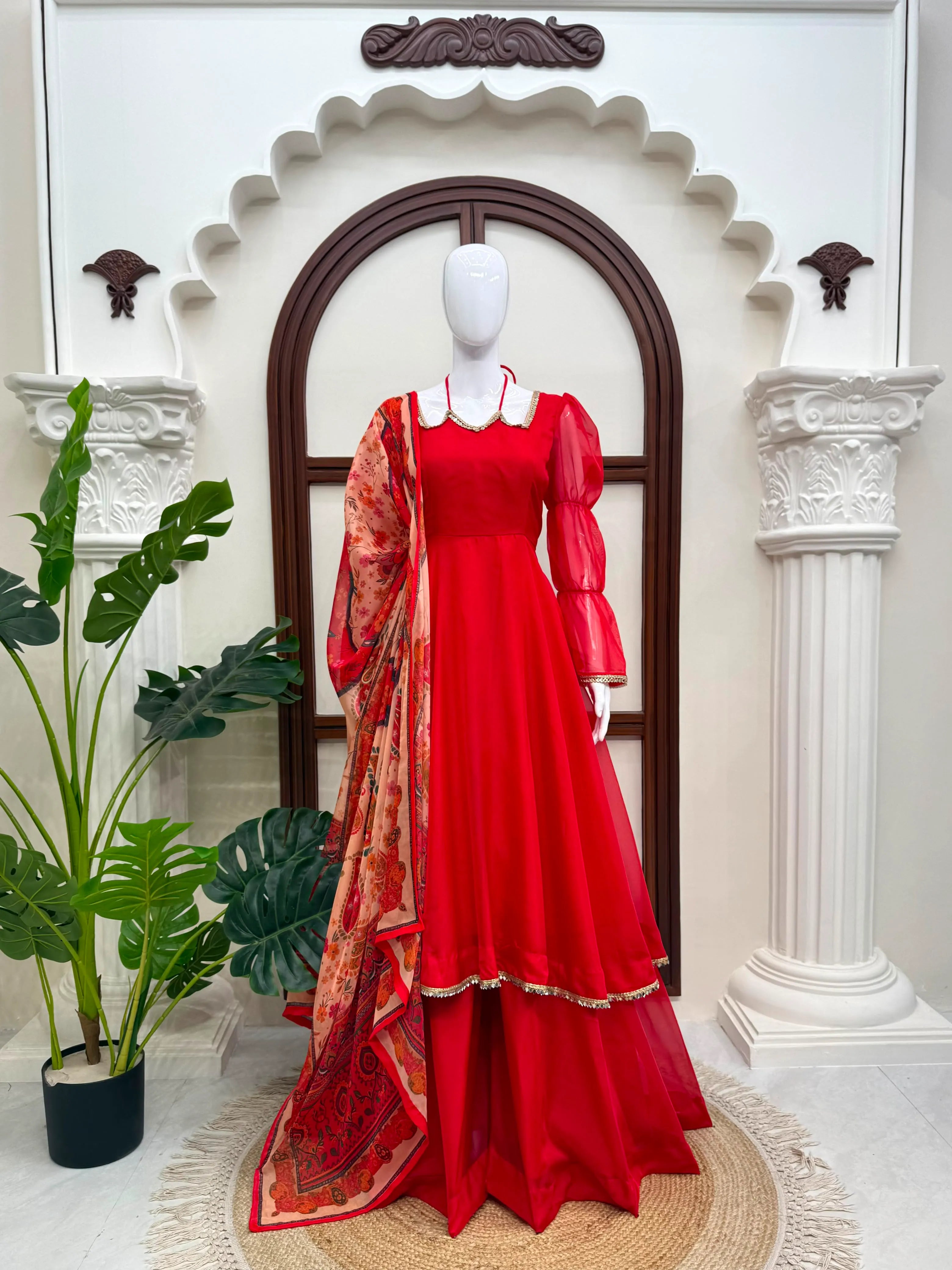 Red Tabby Silk Anarkali Palazzo Set with Printed Dupatta