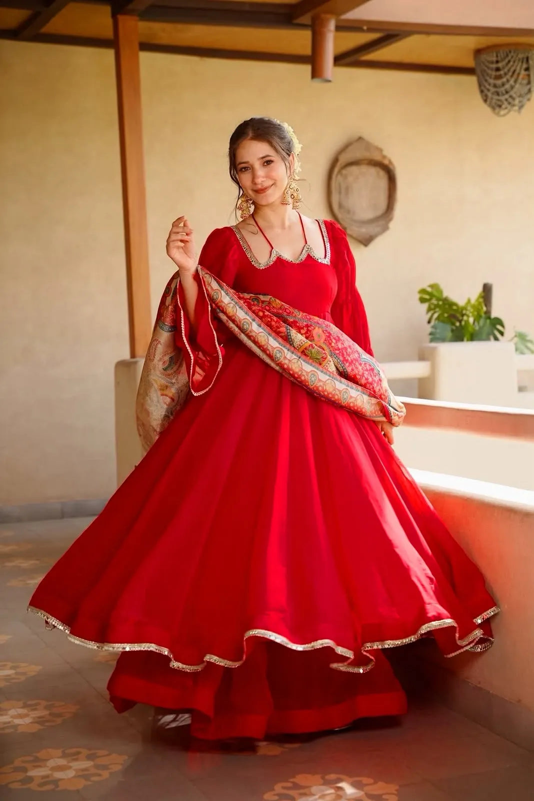 Red Tabby Silk Anarkali Palazzo Set with Printed Dupatta