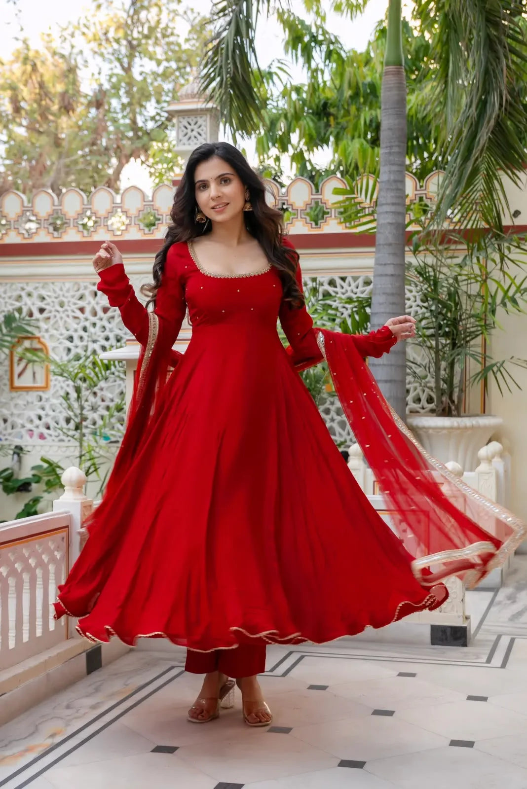 Faux Georgette Anarkali Pant Set with Dupatta