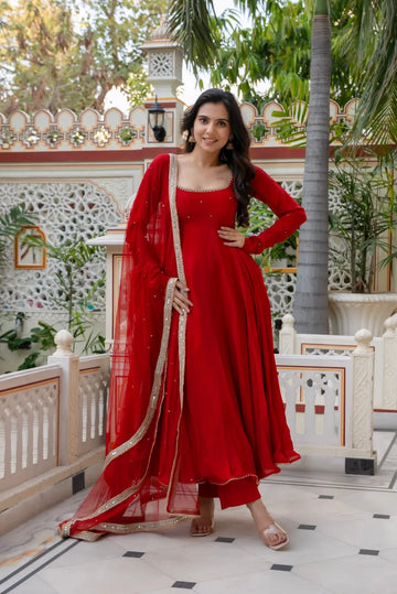Faux Georgette Anarkali Pant Set with Dupatta