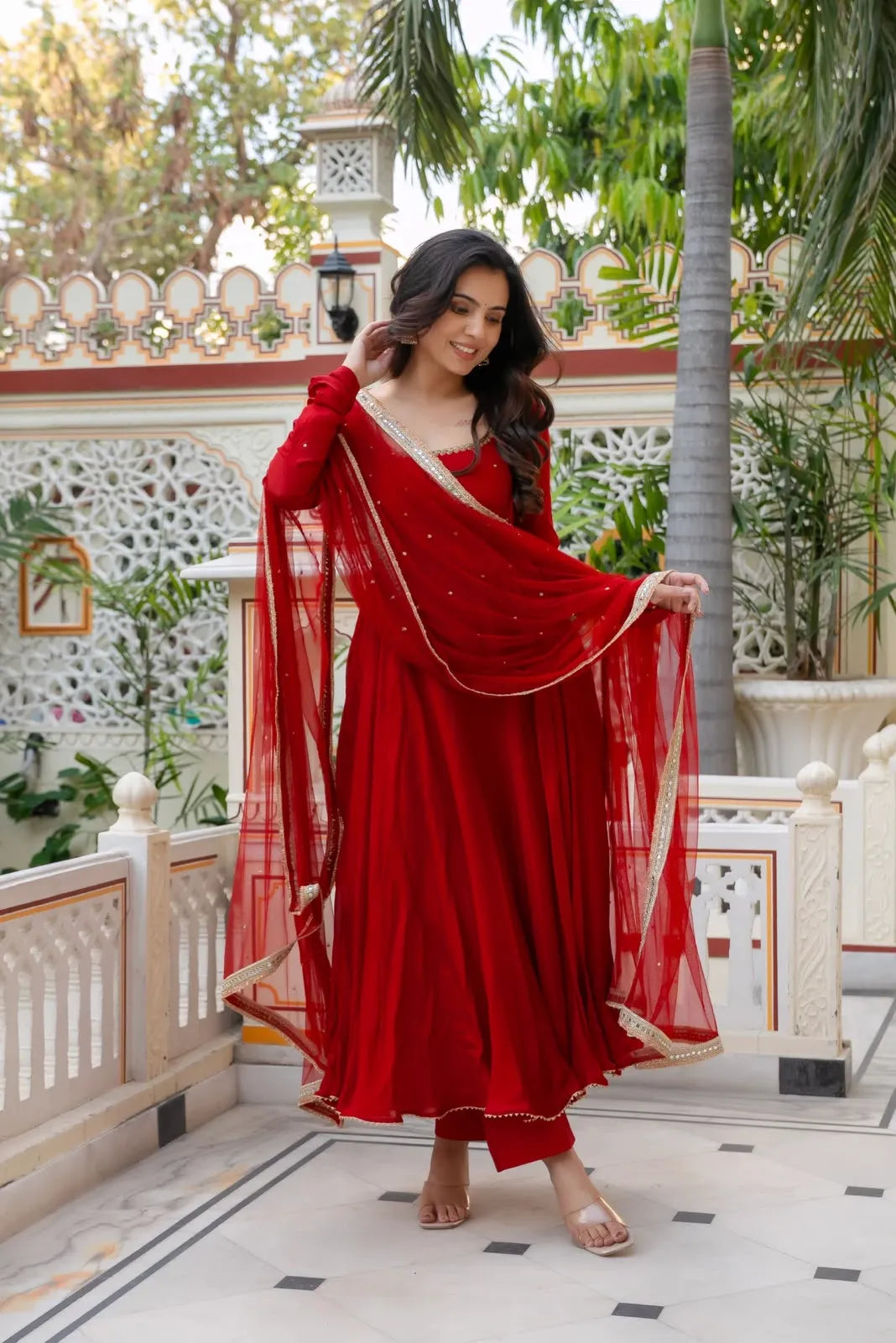 Faux Georgette Anarkali Pant Set with Dupatta