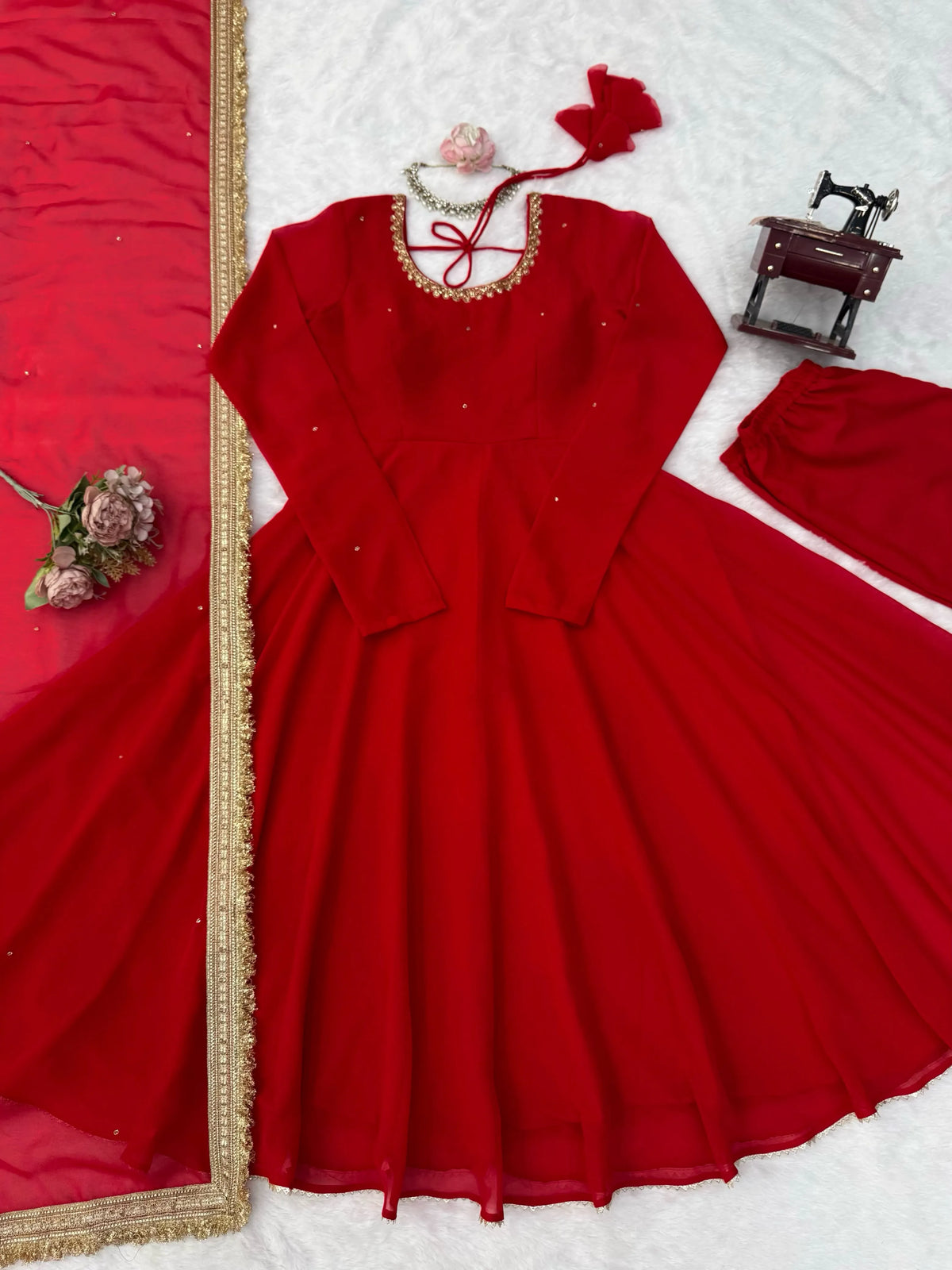Faux Georgette Anarkali Pant Set with Dupatta