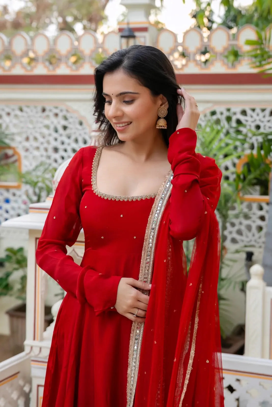 Faux Georgette Anarkali Pant Set with Dupatta